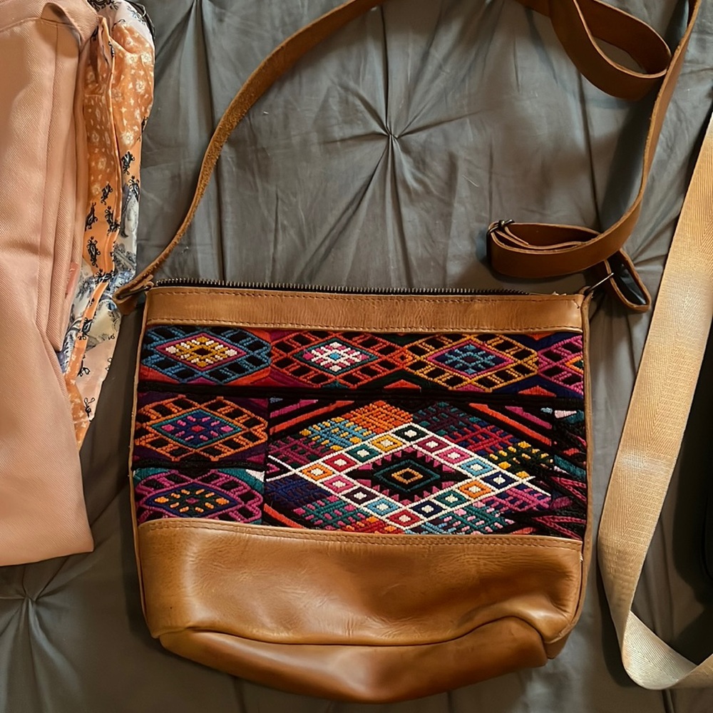 Brown leather crossbody with colorful stitch work